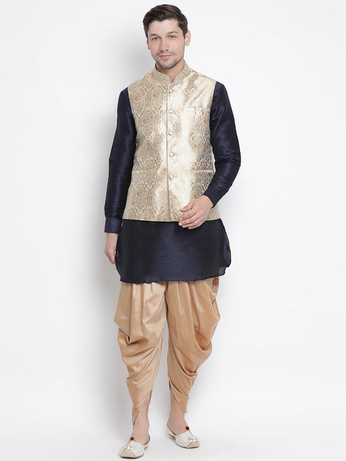 Vastramay Men's Navy Blue Jacquard Jacket With Kurta Dhoti Set